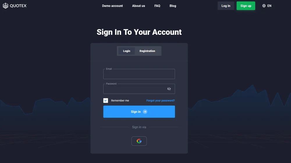 The official Quotex sign-in screen with email, password and Google login