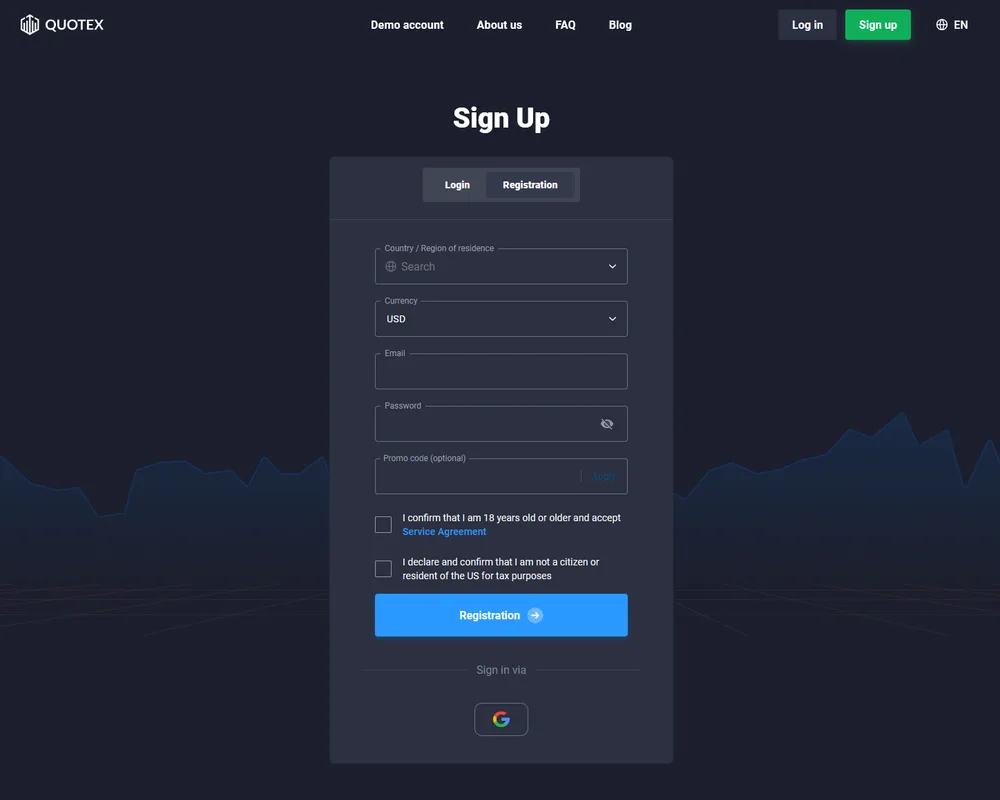 The Quotex sign-up form: country, currency, email, password and age/US-resident confirmations