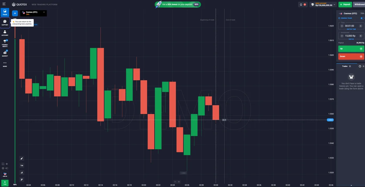 The Quotex traderoom on a demo account: candlestick chart, expiry time, stake and Up/Down buttons