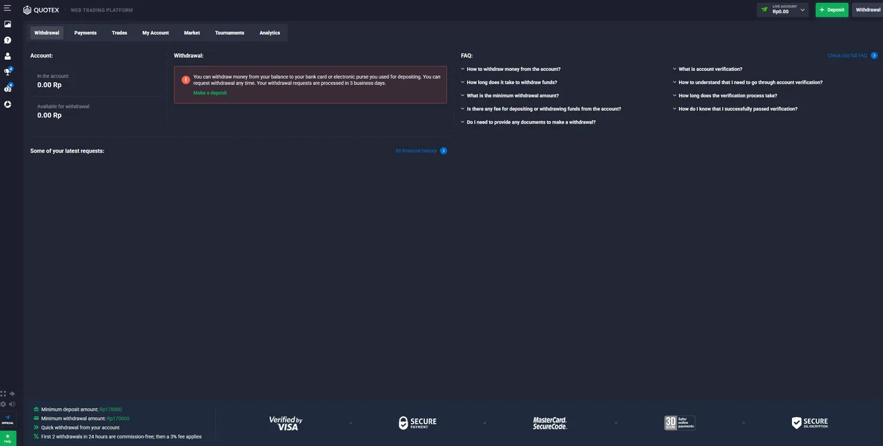 The Quotex withdrawal screen showing balance, processing time and payment security badges
